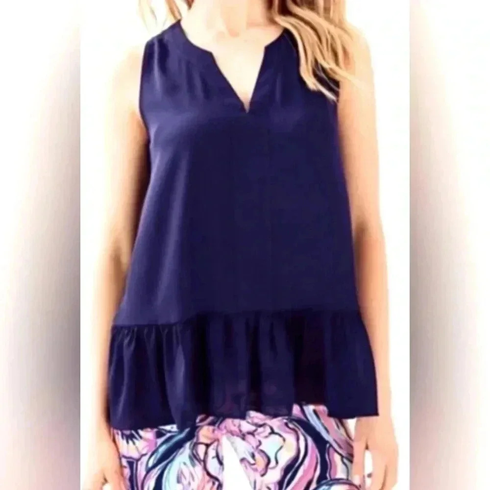 Lilly Pulitzer Gramercy Sleeveless Peplum Ruffle Blouse True Navy M XXS - Picture 2 of 9